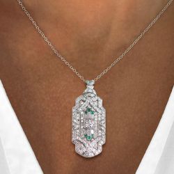 Art Deco Baguette & Round Cut Emerald & White Sapphire Pendant Necklace For Women Wedding Jewelry