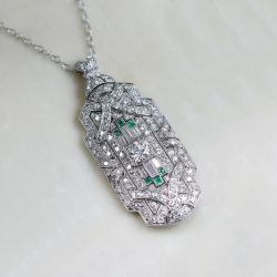 Art Deco Baguette & Round Cut Emerald & White Sapphire Pendant Necklace For Women Wedding Jewelry