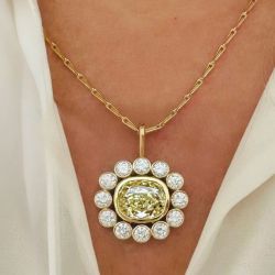 Golden Bezel Halo Cushion Cut Yellow Sapphire Pendant Necklace For Women Wedding Jewelry