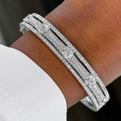 Pave Setting Triple Row Round Cut White Sapphire Bangle Bracelet For Women Wedding Jewelry