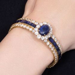 Halo Cabochon Golden Oval Cut Blue Sapphire Bangle Bracelet For Women Wedding Jewelry 