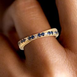 Golden Round Cut Blue Sapphire Criss Cross Ring Wedding Band For Women 