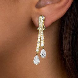 Golden Pear Cut White Sapphire Drop Earrings For Women Wedding Jewelry 