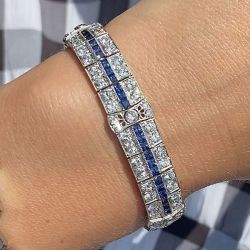 Art Deco Round & Princess Cut Blue & White Sapphire  Tennis Bracelet For Women Wedding Jewelry 