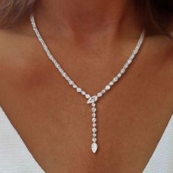 Round & Pear Cut White Sapphire Lariat Tennis Necklace For Women