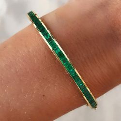 Golden Asscher Cut Emerald Sapphire Bangle Bracelet For Women Wedding Jewelry 