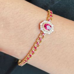 Golden Double Halo Oval Cut Ruby Sapphire Bracelet For Women Wedding Jewelry 