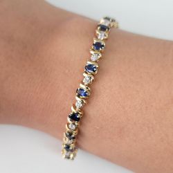 Golden Oval Cut Blue Sapphire Tennis Bracelet For Women Wedding Jewelry 