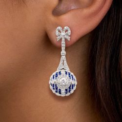 Milgrain Art Deco Halo Round Cut Blue Sapphire Drop Earrings For Women
