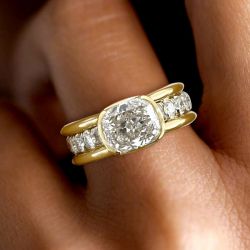 Two Tone Bezel Cushion Cut White Sapphire Engagement Ring For Women Wedding Jewelry