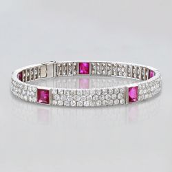 Bezel Asscher & Round Cut Ruby & White Sapphire Tennis Bracelet For Women