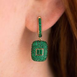Two Tone Round & Emerald Cut Emerald Sapphire Drop Earrings For Women Wedding Jewelry