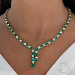 Golden Lariat Design Round Cut Emerald Sapphire Necklace For Women Wedding Jewelry 