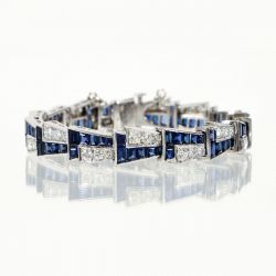 Art Deco Round & Emerald Cut Blue Sapphire Bracelet For Women Wedding Jewelry