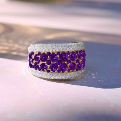 Two Tone Round Cut Amethyst Sapphire Cigar Band For Women