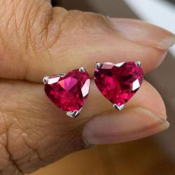 Solitaire Heart Cut Ruby Sapphire Stud Earrings For Women
