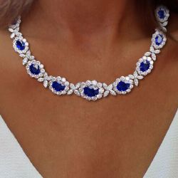 Halo Oval Cut Blue Sapphire Necklace For Women Wedding Jewelry 
