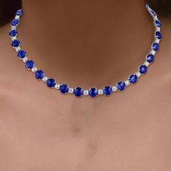 Round Cut Blue Sapphire Tennis Necklace For Women