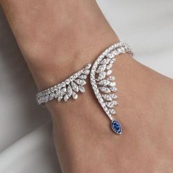 Halo Marquise Cut White & Blue Sapphire Jewelry Bangle Bracelet For Women