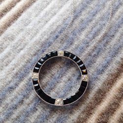 Art Deco Milgrain Emerald Cut Black Sapphire Pendant Necklace For Women