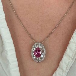 Halo Oval Cut Pink Sapphire Pendant Necklace For Women Wedding Jewelry