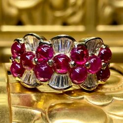 Golden Cabochon Round Cut Ruby Sapphire Wedding Band For Women 