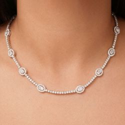 Halo Oval Cut White Sapphire Tennis Necklace For Women Wedding Jewelry  