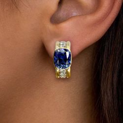 Golden Bezel Cushion Cut Blue Sapphire Hoop Earrings For Women Wedding Jewelry 