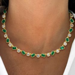 Bezel Golden Emerald Cut Emerald Sapphire Tennis Necklace For Women Wedding Jewelry 