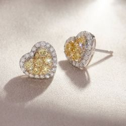 Halo Two Tone Heart Shaped Round Cut Yellow Sapphire Stud Earrings For Women