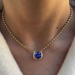 Golden Bezel Round Cut Blue Sapphire Bead Link Chain Pendant Necklace Wedding Necklace For Women