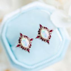 Rose Gold Halo Oval Cut Opal & Ruby Sapphire Stud Earrings