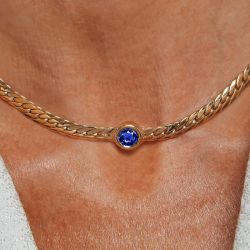 Golden Solitaire Bezel Round Cut Blue Sapphire Pendant Necklace For Women Wedding Jewelry