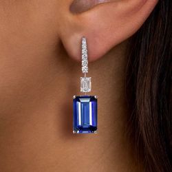 Emerald Cut Blue Sapphire Drop Earrings For Women Wedding Jewelry  