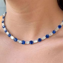 Cushion & Radiant Cut Blue & White Sapphire Tennis Necklace For Women Luxury Jewelry 