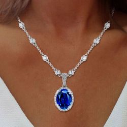 Halo Oval Cut Blue Sapphire Necklace Pendant Necklace For Women