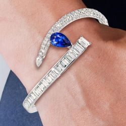 Unique Pear & Baguette Cut White & Blue Sapphire Bangle Bracelet For Women 