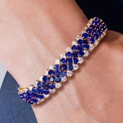 Golden Round Cut Blue Sapphire Tennis Bracelet For Women Wedding Jewelry