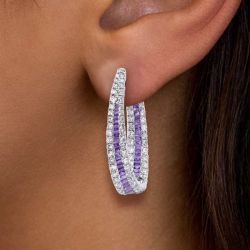 Halo Round Cut Amethyst Sapphire Hoop Earrings For Women