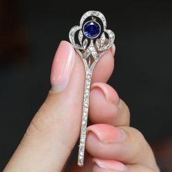 Milgrain Round Cut Blue Sapphire Brooch For Women 