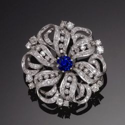 Round Cut White & Blue Sapphire Brooch For Women