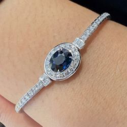 Halo Oval Cut Blue Sapphire Bracelet For Women Wedding Jewelry 