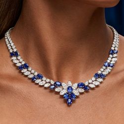 Double Row Pear & Oval Cut Blue Sapphire Necklace For Women Wedding Jewelry