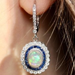 Double Halo Oval Cut Opal & Blue Sapphire Drop Earrings For Women