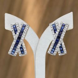 Crossover X Earrings Emerald Cut Blue Sapphire Drop Earrings For Women Wedding Jewelry