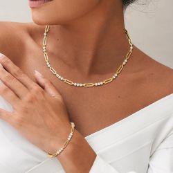 Golden Round Cut White Sapphire Paper Clip Necklace & Bracelet Sets For Women
