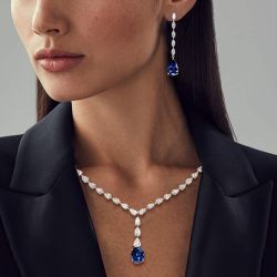 Oval & Pear Cut Blue Sapphire Lariat Necklace & Drop Earrings Set For Women Wedding Jewelry