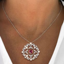 Two Tone Vintage Cushion Cut Ruby Sapphire & Pearl Pendant Necklace For Women