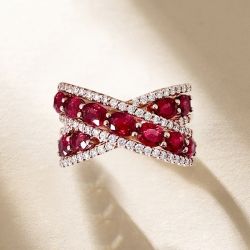 Rose Gold Cross Multi Row Oval Cut Ruby Sapphire Wedding Band For Women