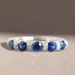 Half Bezel Round Cut Blue Sapphire Wedding Band For Women